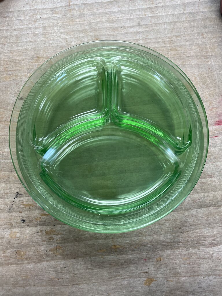 GREEN URANIUM GLASS DIVIDED PLATES SET OF 4
