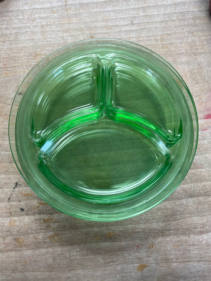 GREEN URANIUM GLASS DIVIDED PLATES SET OF 4