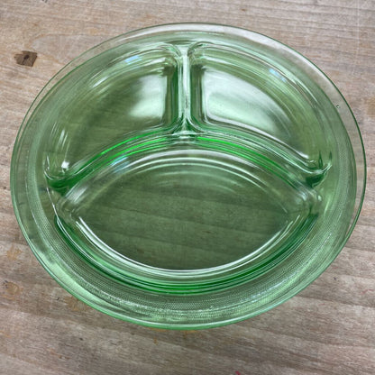 GREEN URANIUM GLASS DIVIDED PLATES SET OF 4