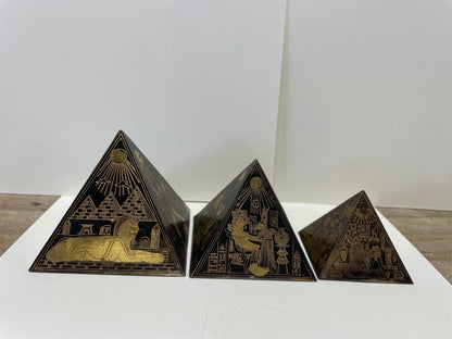 EGYPTIAN HIEROGLYPHIC ETCHED BRASS PYRAMIDS SET OF 3