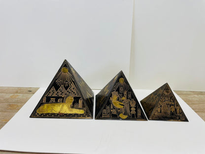 EGYPTIAN HIEROGLYPHIC ETCHED BRASS PYRAMIDS SET OF 3