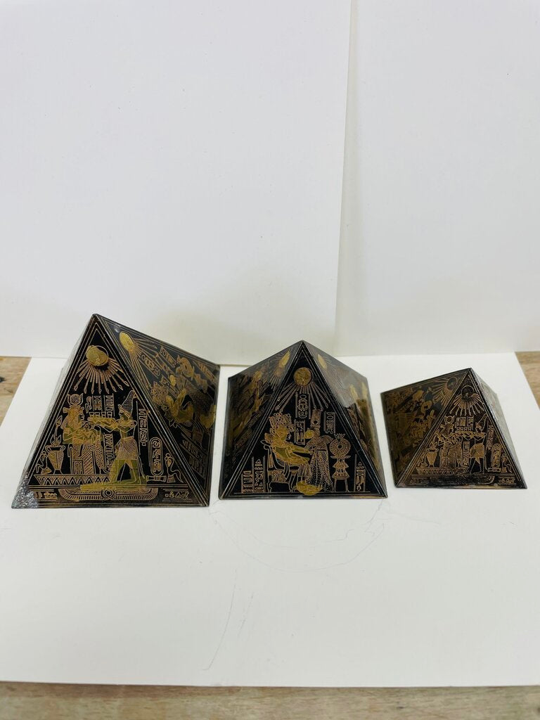 EGYPTIAN HIEROGLYPHIC ETCHED BRASS PYRAMIDS SET OF 3