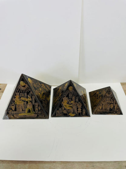 EGYPTIAN HIEROGLYPHIC ETCHED BRASS PYRAMIDS SET OF 3