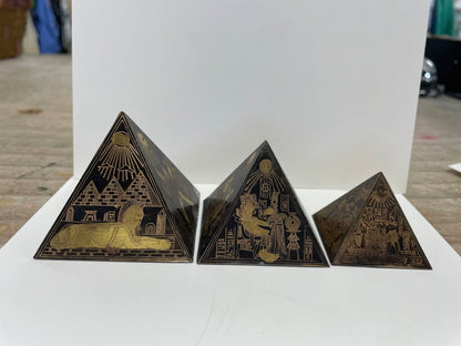 EGYPTIAN HIEROGLYPHIC ETCHED BRASS PYRAMIDS SET OF 3