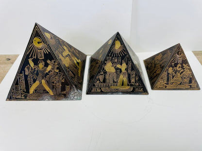 EGYPTIAN HIEROGLYPHIC ETCHED BRASS PYRAMIDS SET OF 3