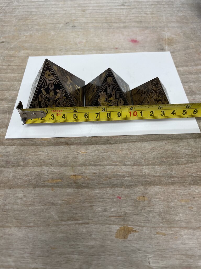 EGYPTIAN HIEROGLYPHIC ETCHED BRASS PYRAMIDS SET OF 3