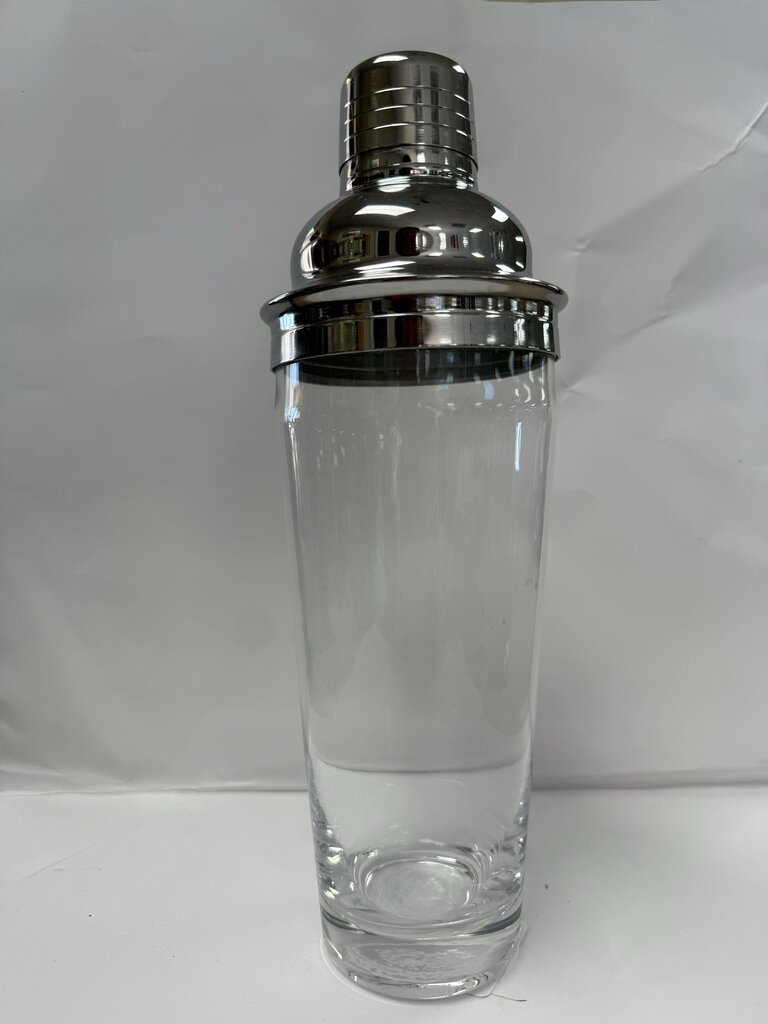 VINTAGE MCM GLASS AND CHROME COCKTAIL SHAKER W/ STRAINER