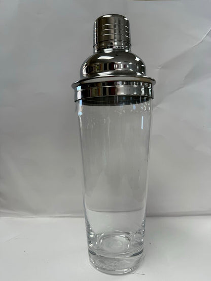 VINTAGE MCM GLASS AND CHROME COCKTAIL SHAKER W/ STRAINER