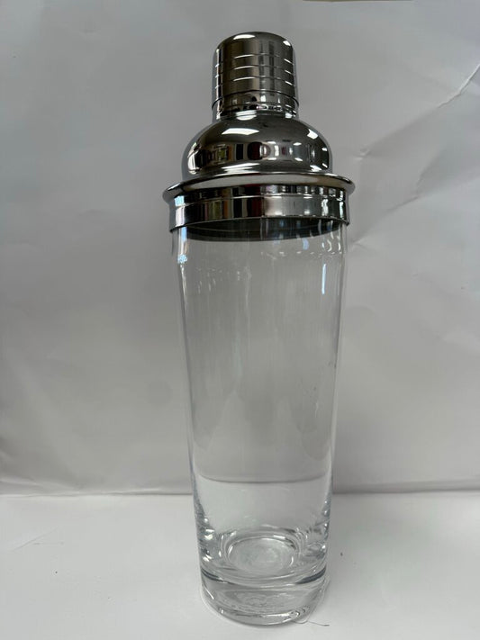 VINTAGE MCM GLASS AND CHROME COCKTAIL SHAKER W/ STRAINER