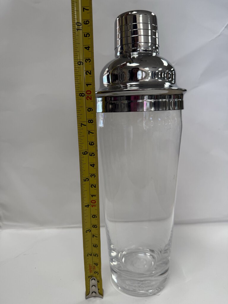 VINTAGE MCM GLASS AND CHROME COCKTAIL SHAKER W/ STRAINER
