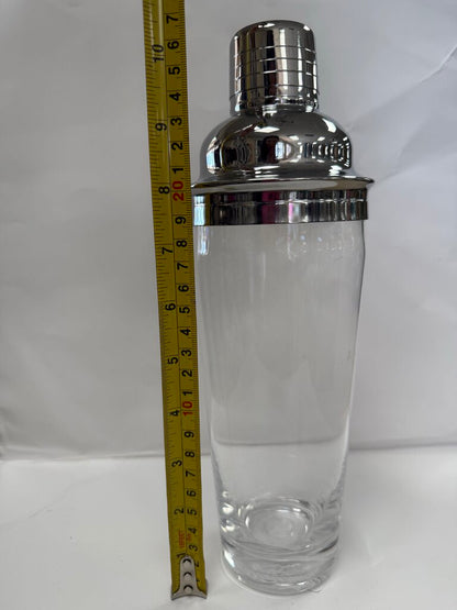 VINTAGE MCM GLASS AND CHROME COCKTAIL SHAKER W/ STRAINER