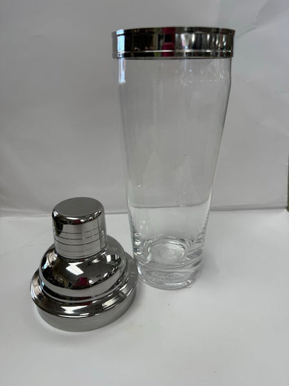 VINTAGE MCM GLASS AND CHROME COCKTAIL SHAKER W/ STRAINER