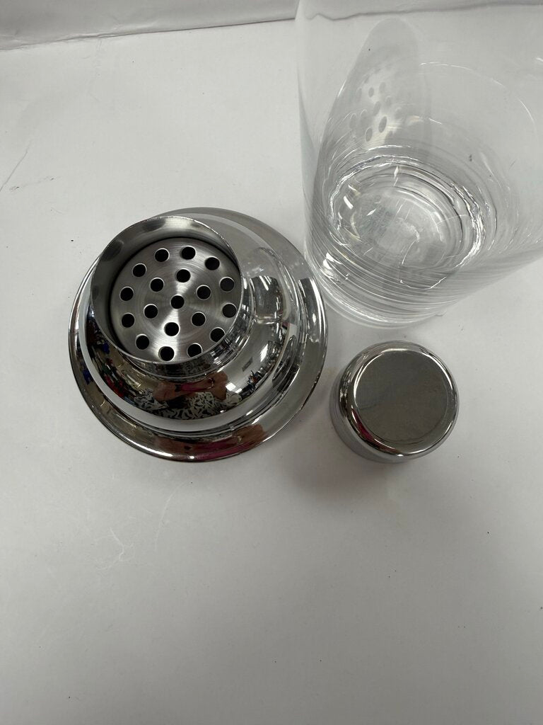 VINTAGE MCM GLASS AND CHROME COCKTAIL SHAKER W/ STRAINER