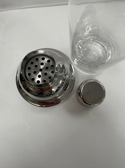 VINTAGE MCM GLASS AND CHROME COCKTAIL SHAKER W/ STRAINER