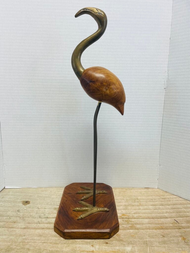 VINTAGE MCM WOODEN AND BRASS FLAMINGO FIGURINE