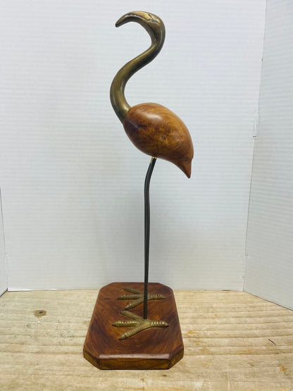 VINTAGE MCM WOODEN AND BRASS FLAMINGO FIGURINE
