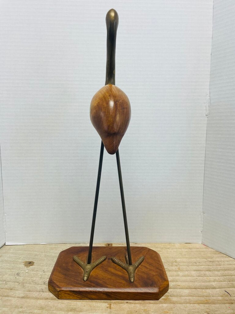 VINTAGE MCM WOODEN AND BRASS FLAMINGO FIGURINE