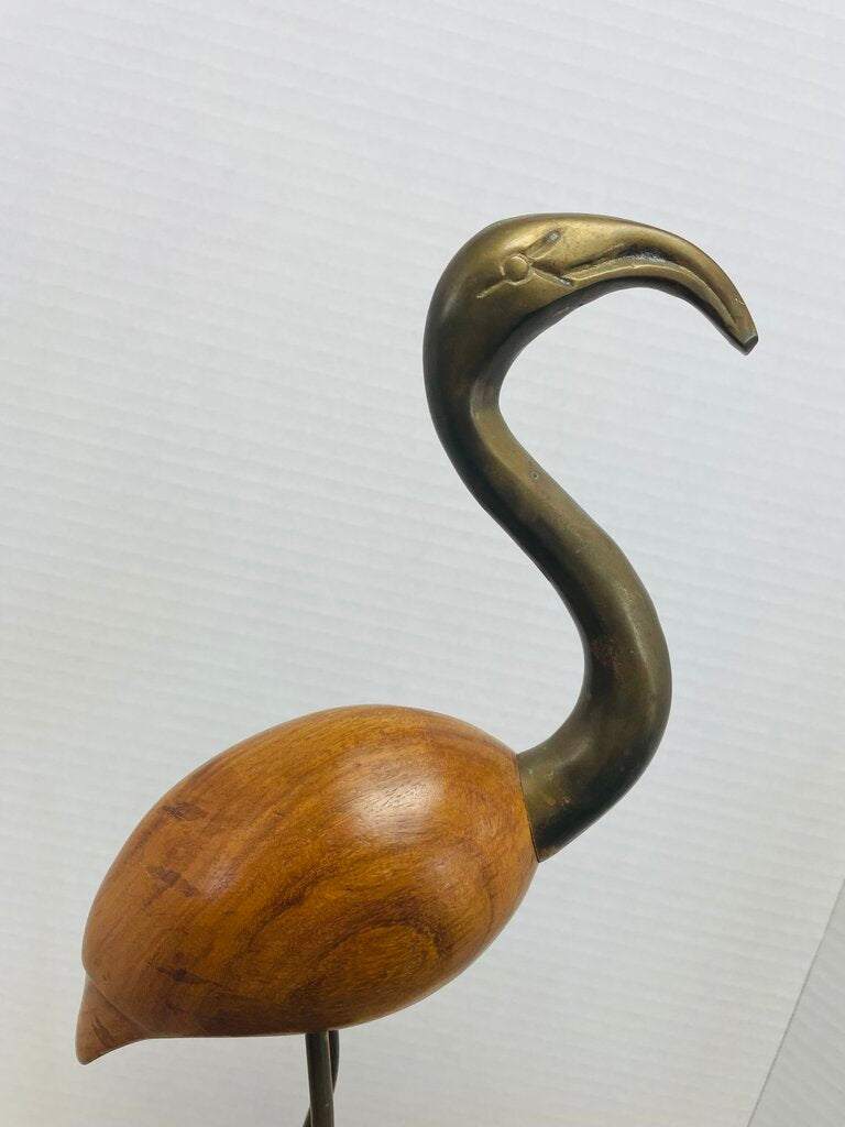 VINTAGE MCM WOODEN AND BRASS FLAMINGO FIGURINE