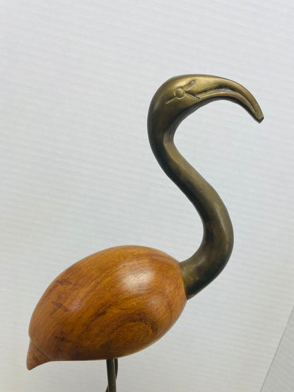 VINTAGE MCM WOODEN AND BRASS FLAMINGO FIGURINE