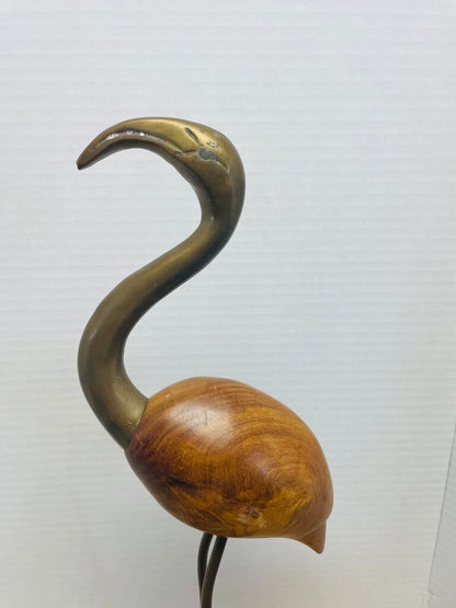 VINTAGE MCM WOODEN AND BRASS FLAMINGO FIGURINE