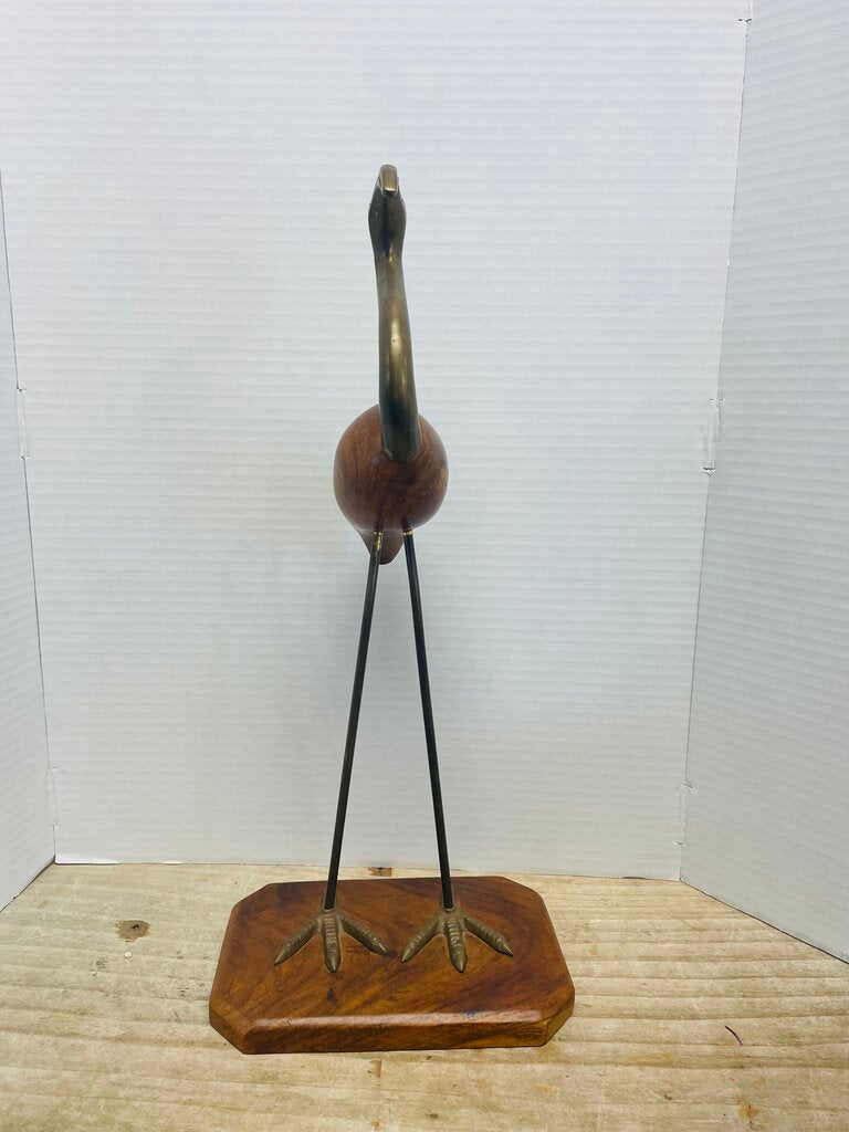 VINTAGE MCM WOODEN AND BRASS FLAMINGO FIGURINE