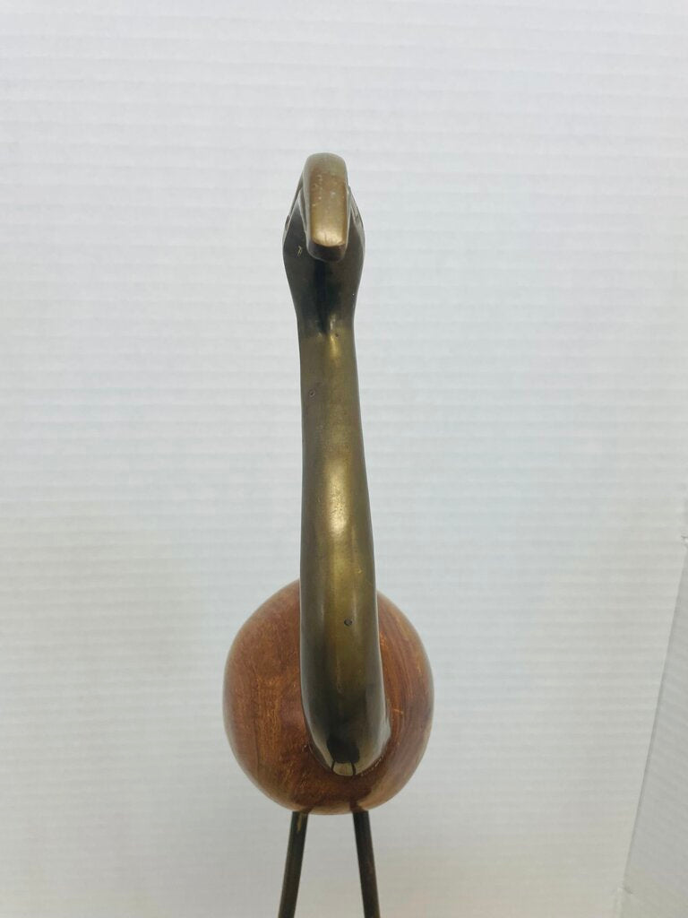 VINTAGE MCM WOODEN AND BRASS FLAMINGO FIGURINE