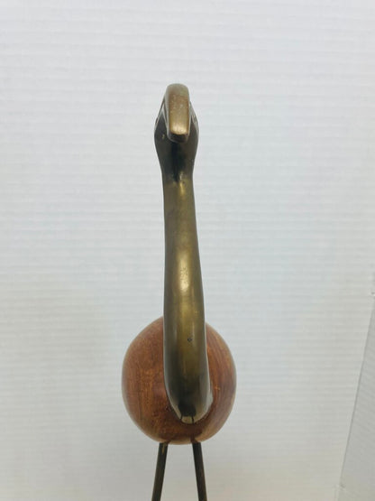 VINTAGE MCM WOODEN AND BRASS FLAMINGO FIGURINE