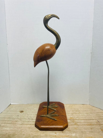 VINTAGE MCM WOODEN AND BRASS FLAMINGO FIGURINE