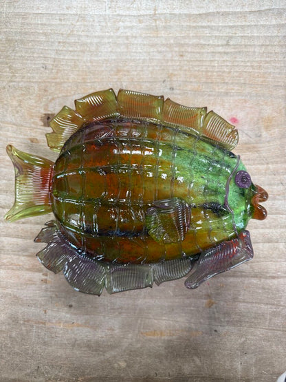 GREEN, ORANGE, AND PURPLE GLASS FISH