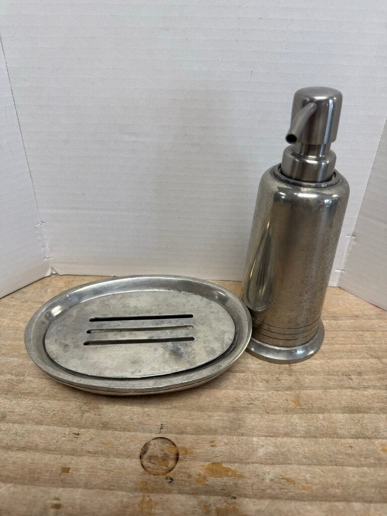 RH PEWTER LOTION DISPENCER AND SOAP DISH SET