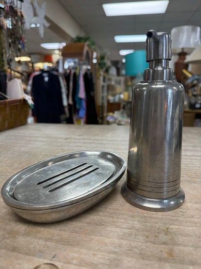 RH PEWTER LOTION DISPENCER AND SOAP DISH SET
