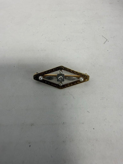 VINTAGE 14KT GOLD DIAMOND PEARL BROOCH