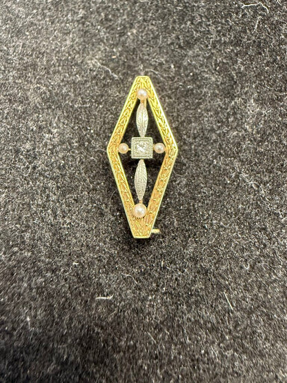 VINTAGE 14KT GOLD DIAMOND PEARL BROOCH
