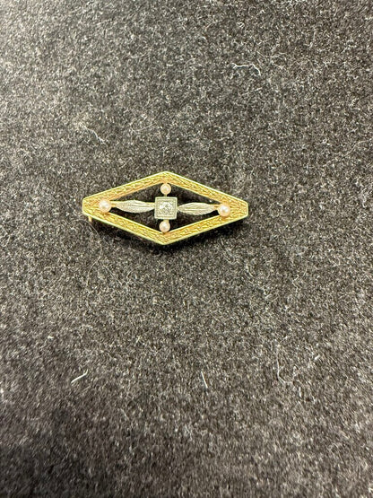 VINTAGE 14KT GOLD DIAMOND PEARL BROOCH
