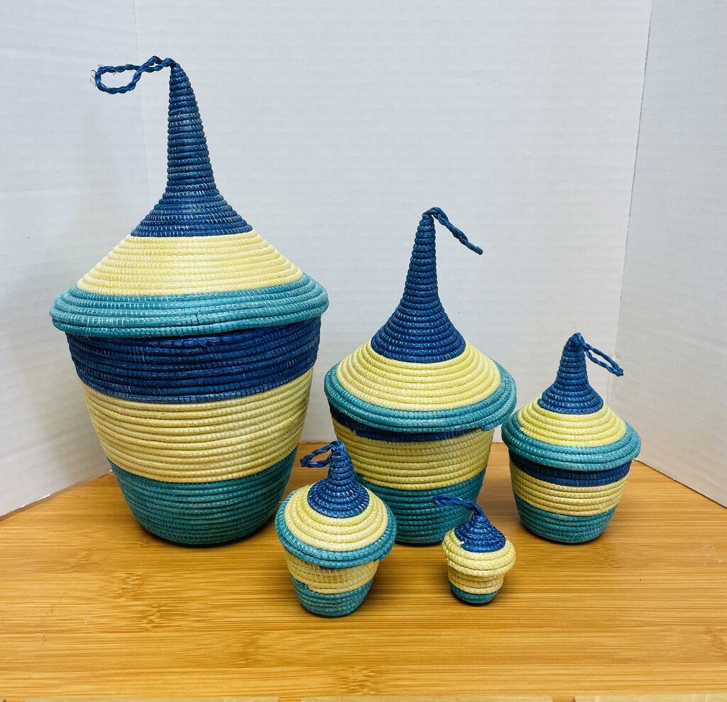 WOVEN NESTING BASKETS SET OF 5 BLUE AND TAN