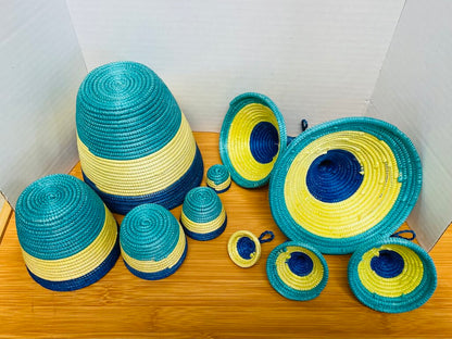 WOVEN NESTING BASKETS SET OF 5 BLUE AND TAN