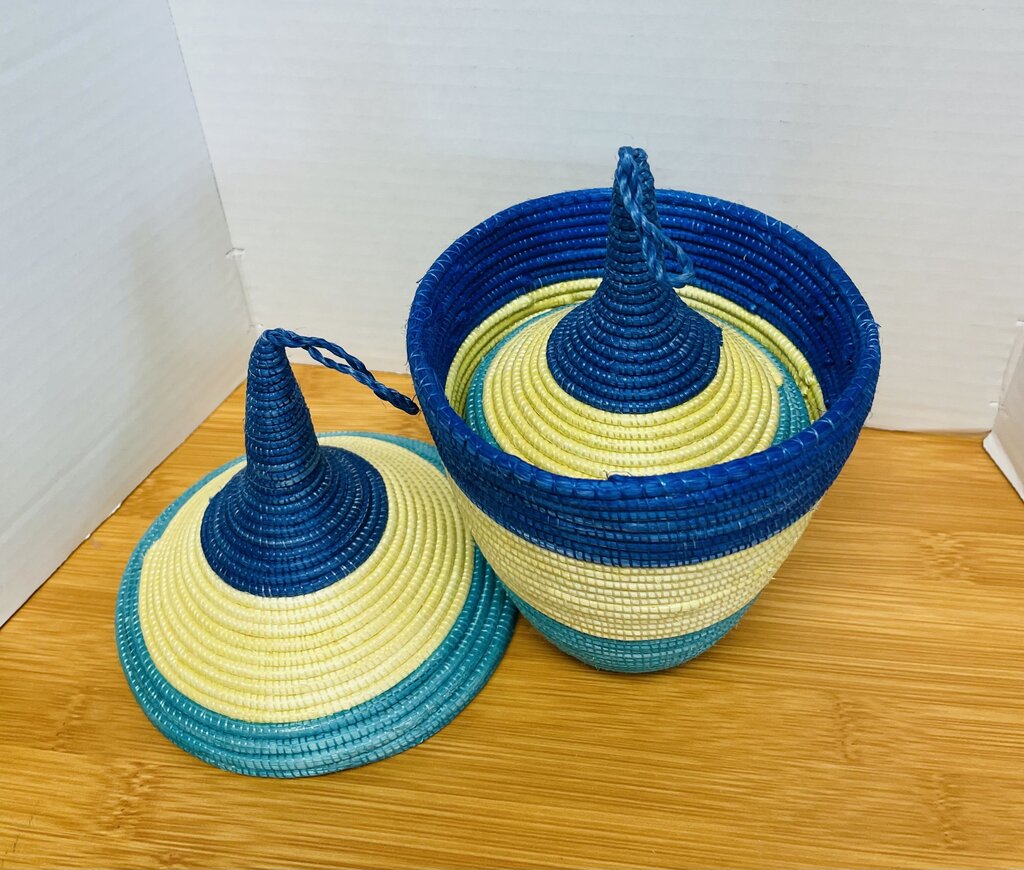 WOVEN NESTING BASKETS SET OF 5 BLUE AND TAN