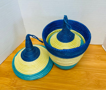 WOVEN NESTING BASKETS SET OF 5 BLUE AND TAN