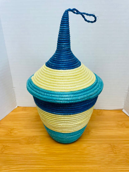 WOVEN NESTING BASKETS SET OF 5 BLUE AND TAN