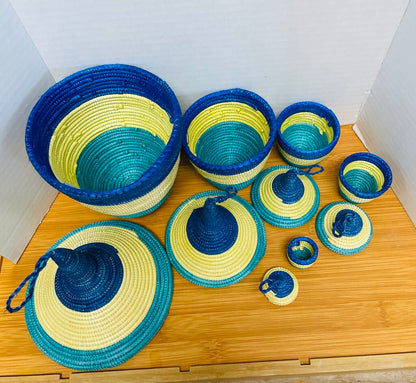 WOVEN NESTING BASKETS SET OF 5 BLUE AND TAN
