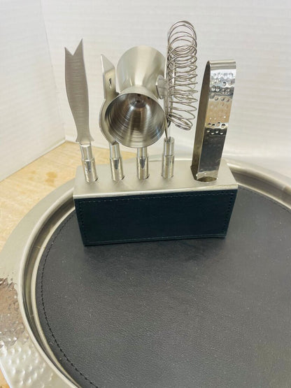 GODINGER STAINLESS STEEL AND LEATHER BAR SET