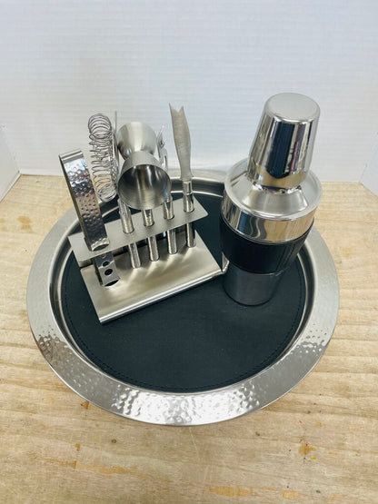 GODINGER STAINLESS STEEL AND LEATHER BAR SET