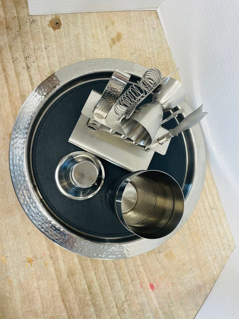 GODINGER STAINLESS STEEL AND LEATHER BAR SET
