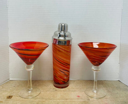 HAND BLOWN RED MARTINI GLASS AND SHAKER SET OF 3