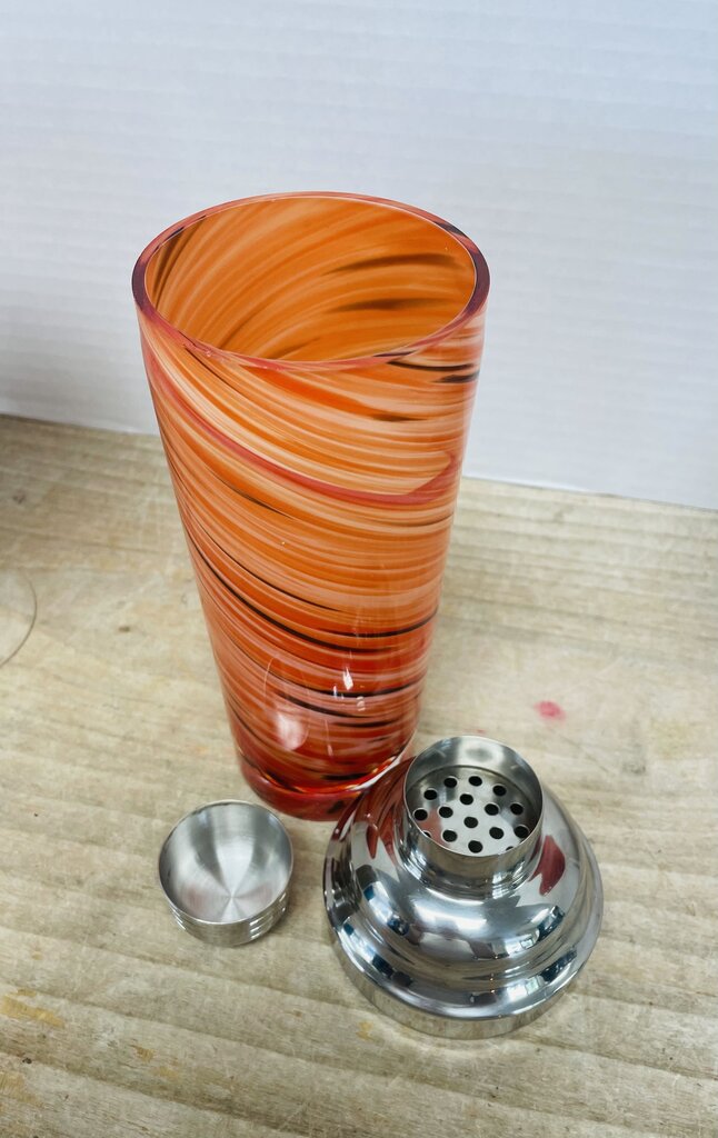 HAND BLOWN RED MARTINI GLASS AND SHAKER SET OF 3