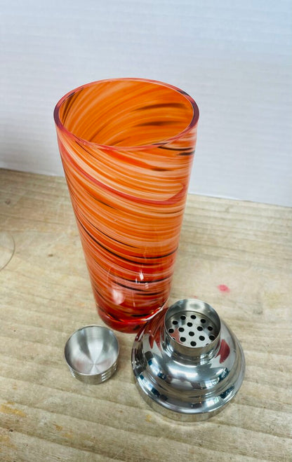 HAND BLOWN RED MARTINI GLASS AND SHAKER SET OF 3