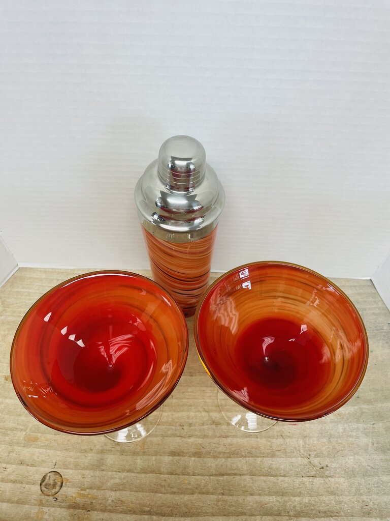 HAND BLOWN RED MARTINI GLASS AND SHAKER SET OF 3