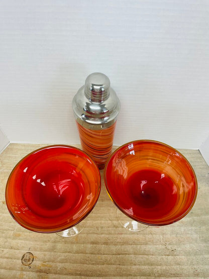 HAND BLOWN RED MARTINI GLASS AND SHAKER SET OF 3