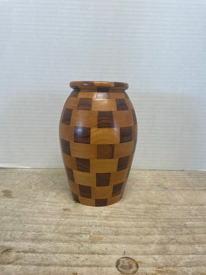 LARGE WOODEN CHECKED VASE 8"