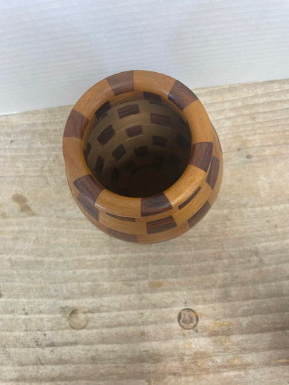 LARGE WOODEN CHECKED VASE 8"